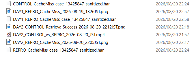 Files prepared for the ChatGPT Cache Miss support report, including screenshots, sanitized HAR files, and a CONTROL vs REPRO recording.